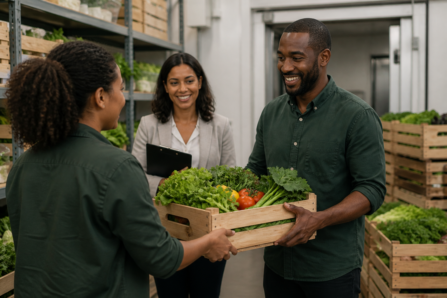 Fresh leafy greens moving through a buyer backroom crate