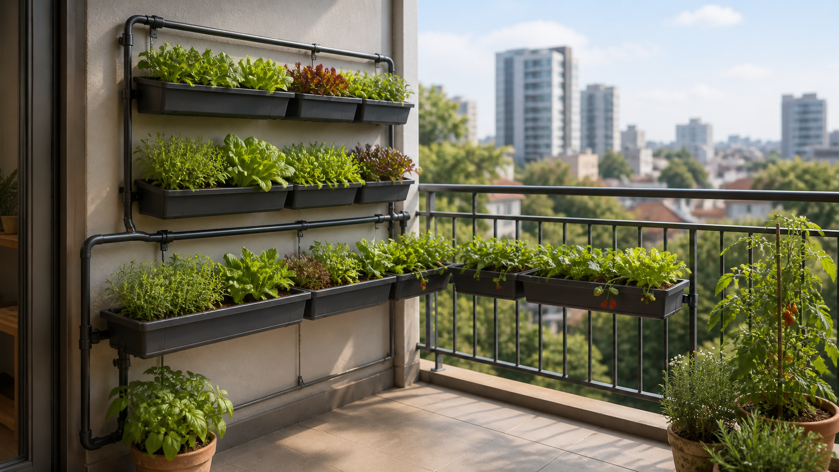Standalone balcony and veranda production unit with modular growing trays